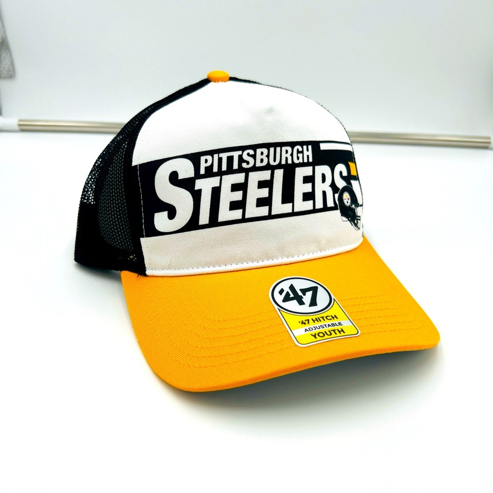 Men's '47 White/Gold Pittsburgh Steelers Stack Line Hitch Trucker